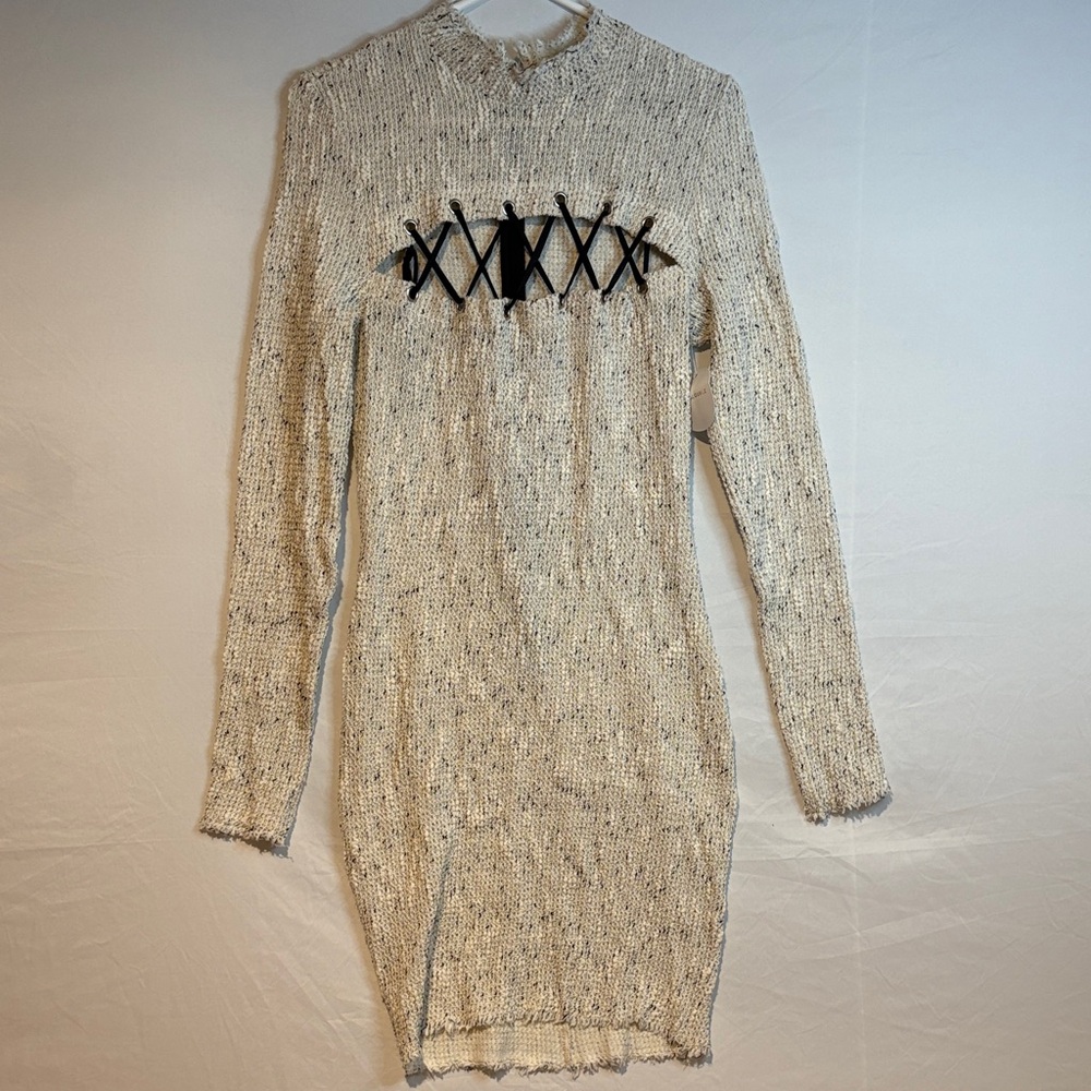 NWT De Cordon Ribbed Knit Dress with Black Stitching, Cream, Size L